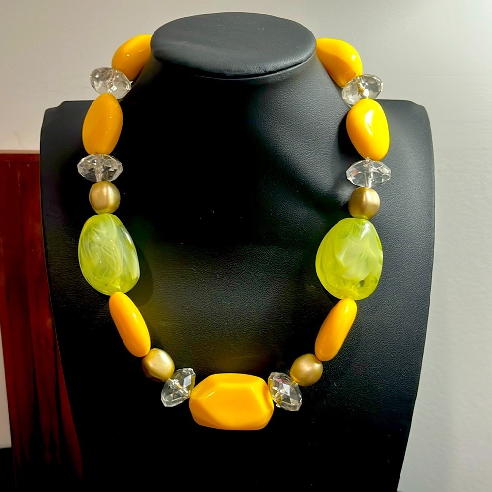 Vintage Chunky Bright Yellow and Green Beaded Necklace, GLOW under black light